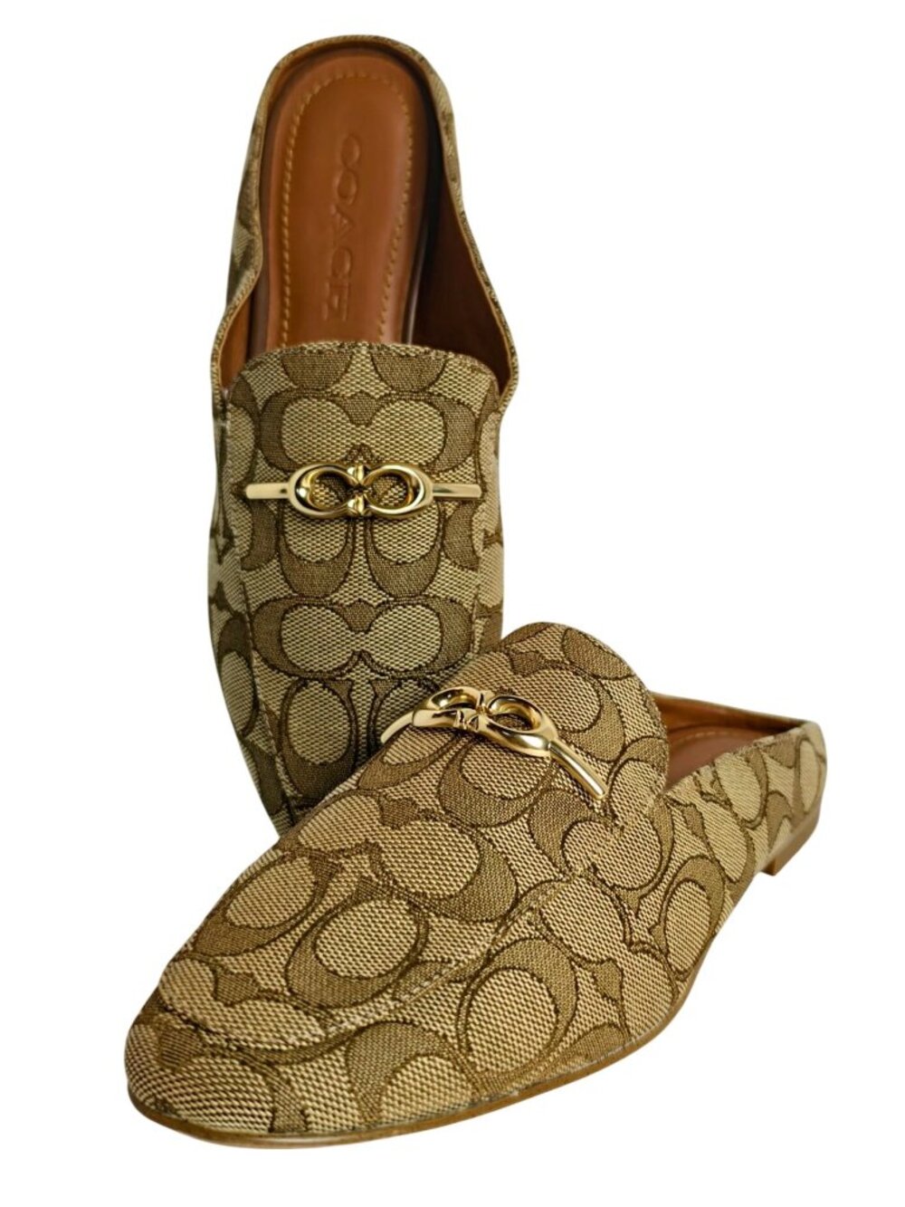 Coach Womens 6B Loafers Signature Canvas Chain Logo Beige Gold Slip-On Flats
